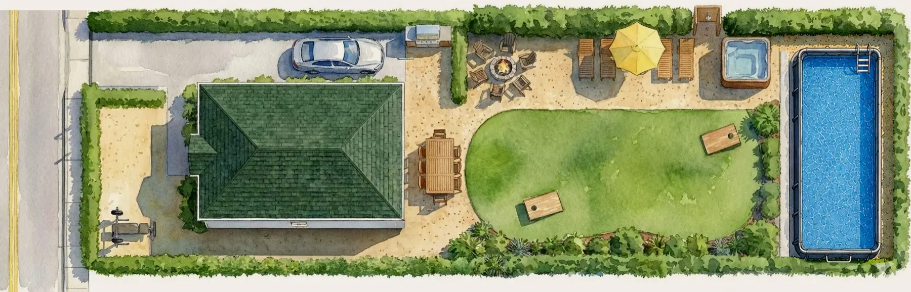 Watercolor site plan of Casa Blanco: cottage, gated drive, dining table, fire pit, lawn, lounge chairs, hot tub, pool and outdoor gym