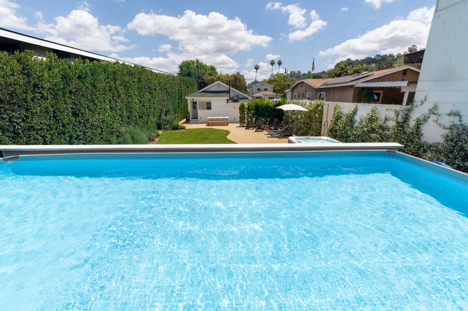 The 16 by 32 foot saltwater pool, looking back toward the cottage