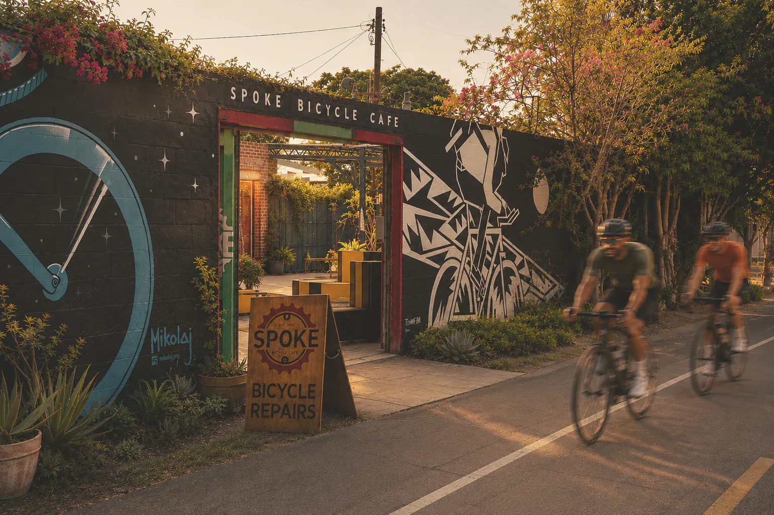 Spoke Bicycle Cafe's outdoor dining area off the bike path